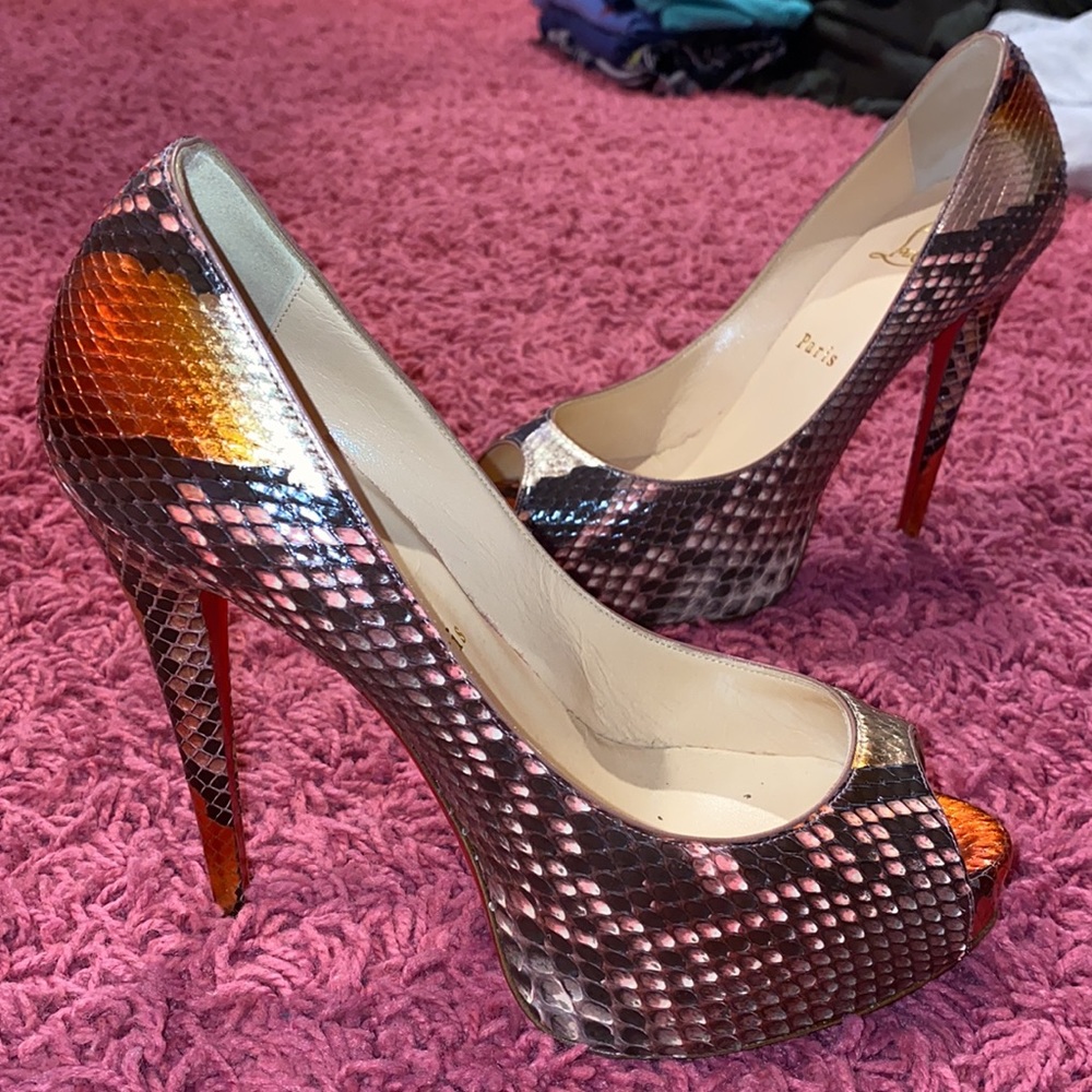 Christian Louboutin Snakeskin Open Toe Pumps - image 1